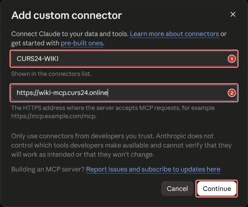 окно Add custom connector: название и адрес