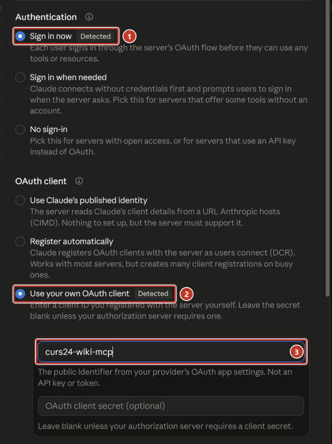 настройки входа: Sign in now, Use your own OAuth client и Client ID