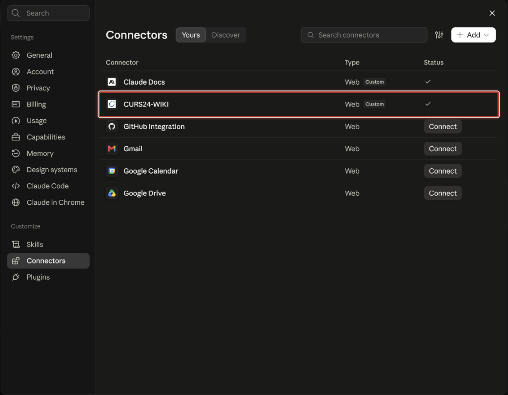 коннектор CURS24-WIKI в списке Connectors