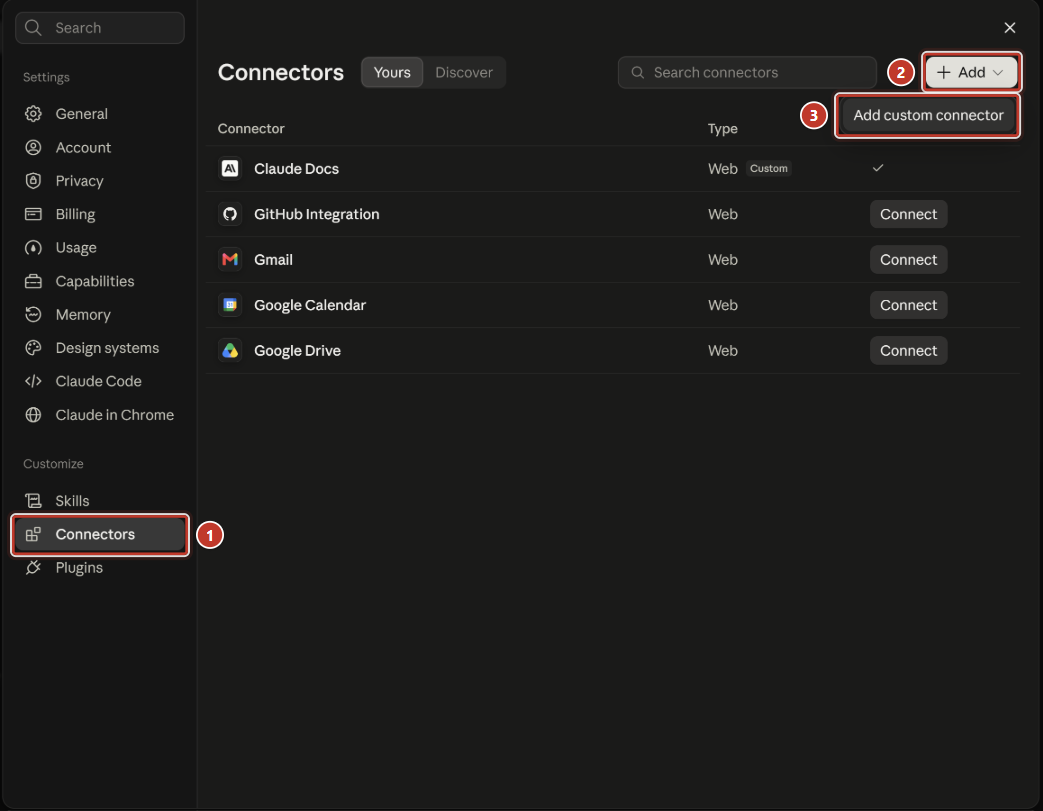 настройки Claude: раздел Connectors, кнопка Add и пункт Add custom connector